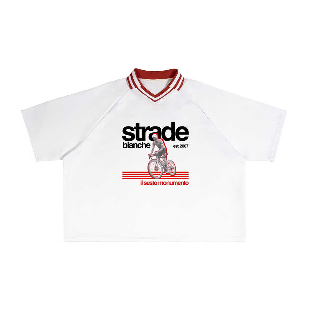 White sports jersey with red accents and 'strade bianche' branding on a white background
