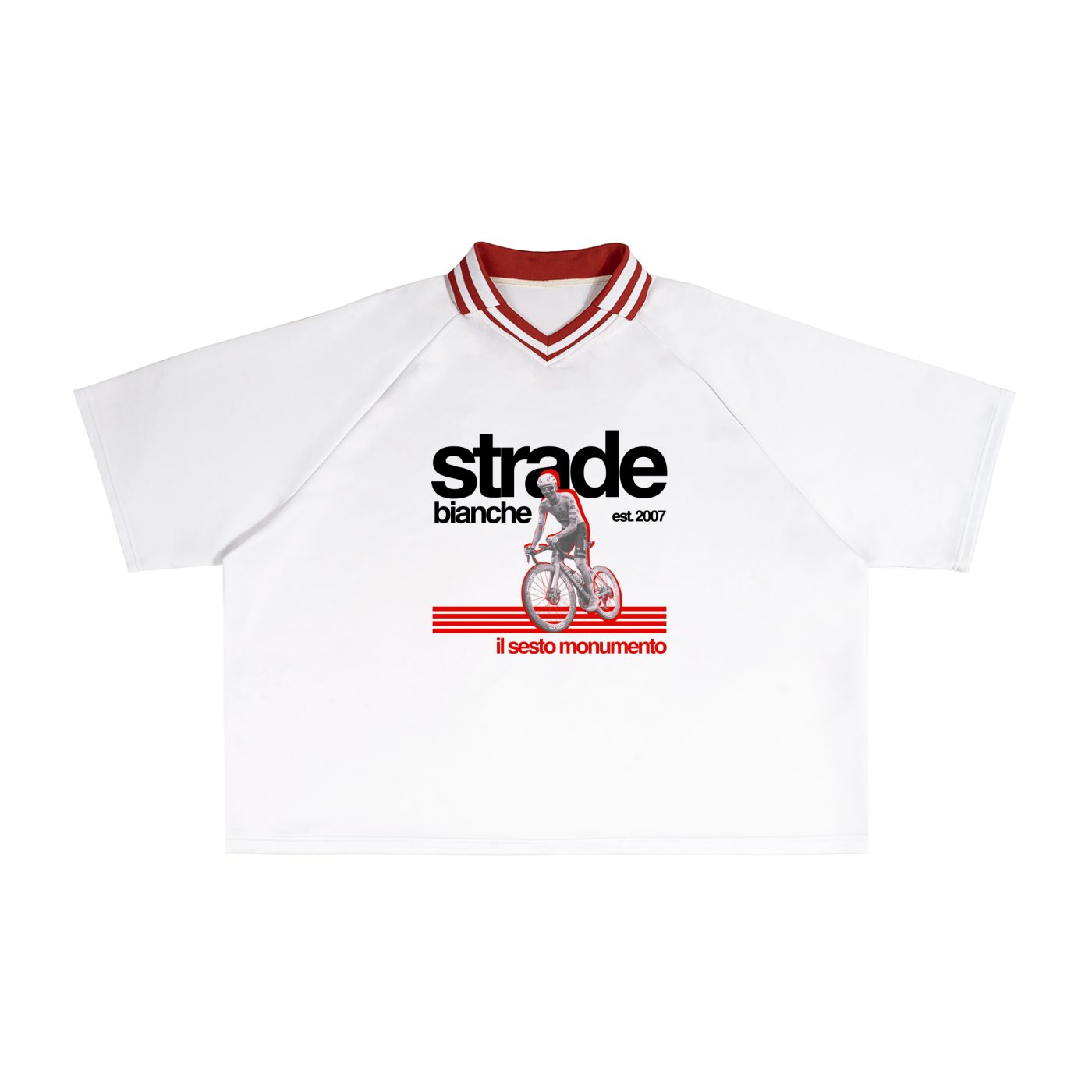 White sports jersey with red accents and 'strade bianche' branding on a white background