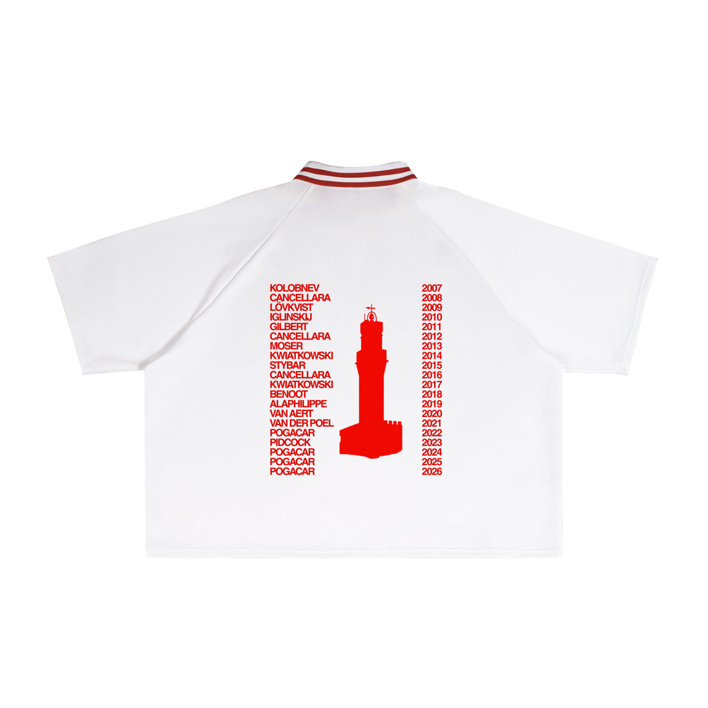 White polo shirt with red text and logo on the back, displayed on a white background
